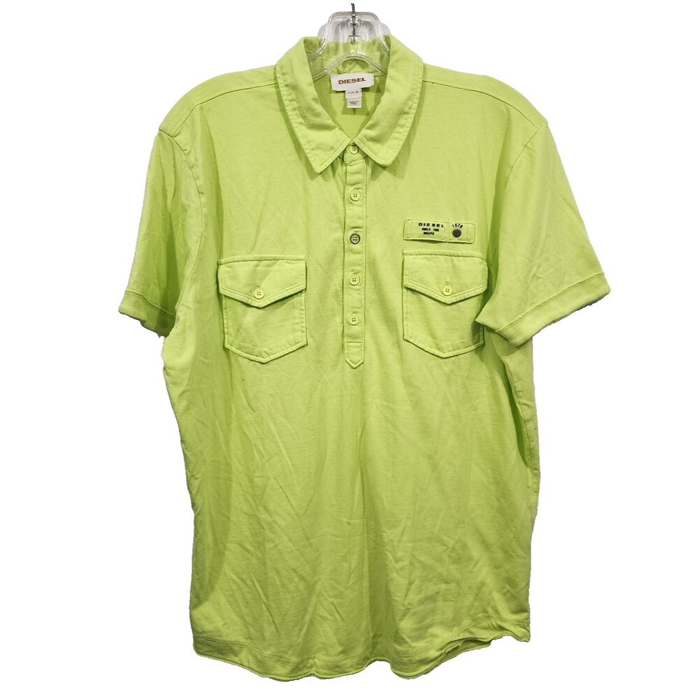 Diesel Polo Shirt Mens XL Lime Green Short Sleeve Logo Pocket Textured Preppy